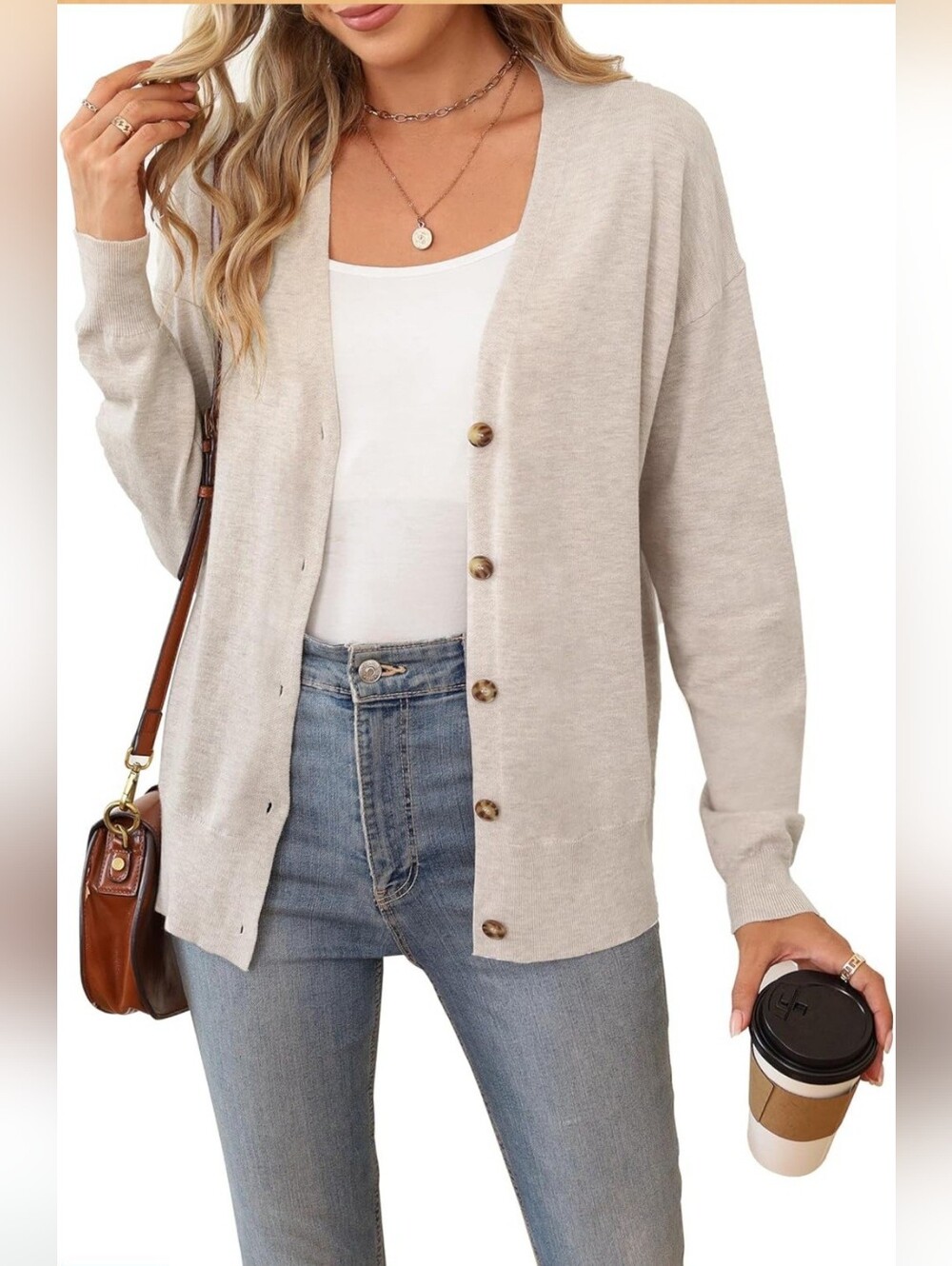 NWT Arach & Cloz‎ Wool Blend Button Front Cardigan Sweater Beige Size Medium